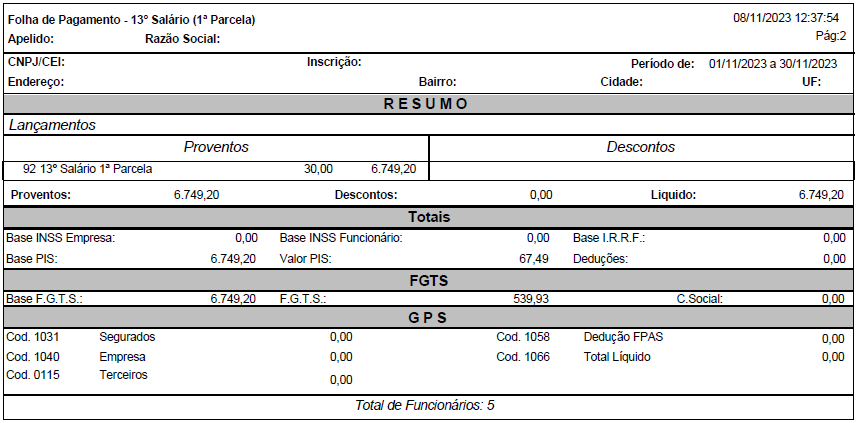 Relatório da folha de pagamento da 1ª parcela do 13º salário com resumo para conferência de encargos.