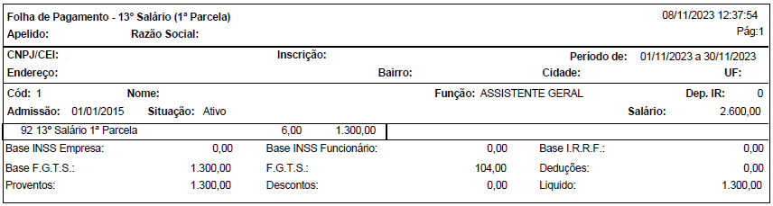 Relatório da folha de pagamento da 1ª parcela do 13º salário.