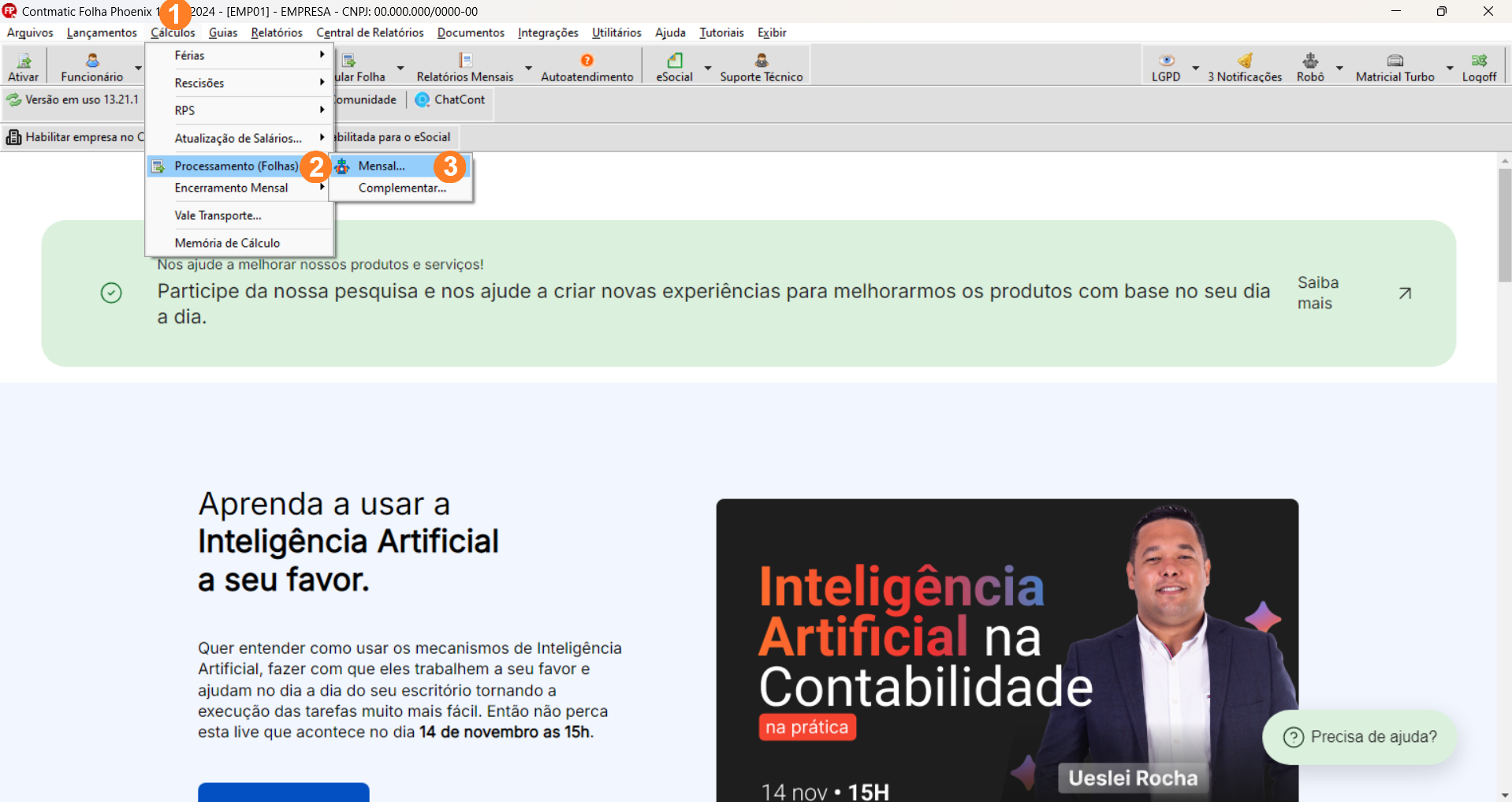 Tela inicial sistema Folha, possui menu superior alinhado à esquerda sendo Cálculos o terceiro item.