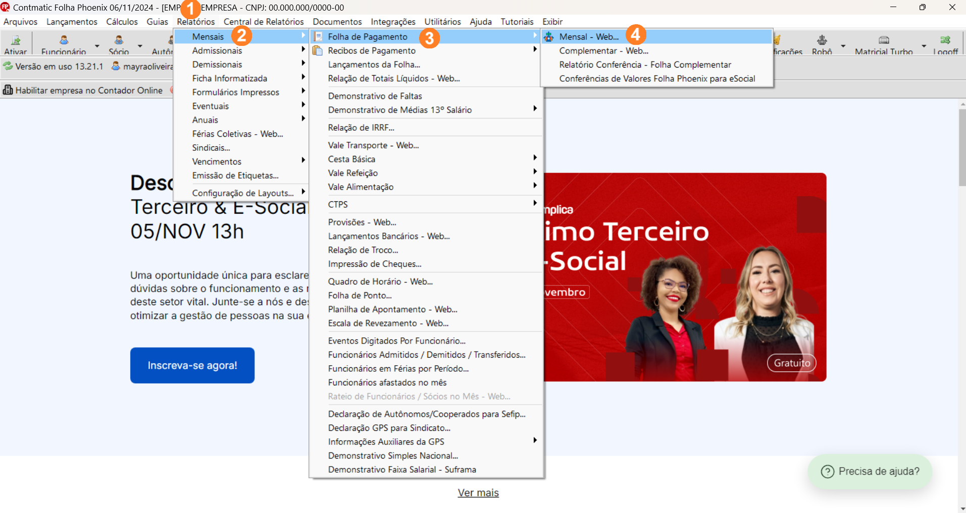 Tela inicial sistema Folha, possui menu superior alinhado à esquerda sendo Relatórios o quinto item.