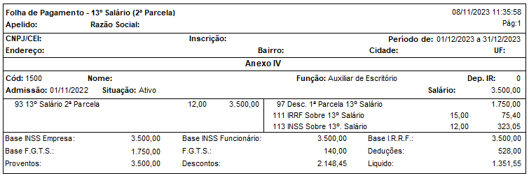 Relatório da folha de pagamento da 2ª parcela do 13º salário.