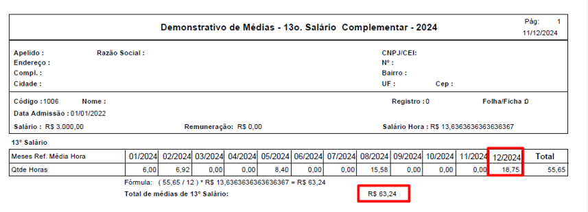Demonstrativo de médias do 13º salário complementar indicando o valor total de médias de R$ 63,24, na última linha da parte inferior.