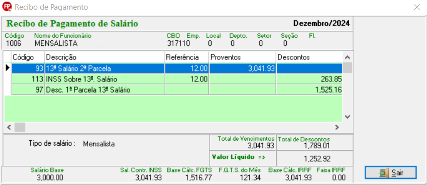 Recibo de pagamento de salário com R$ 3.041,93 de proventos referentes à 2ª parcela do 13º salário e R$ 1.789,01 de descontos referentes à 1ª parcela e INSS sobre 13º salário.