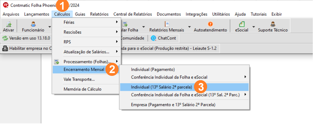 Tela inicial sistema Folha, possui menu superior alinhado à esquerda sendo Cálculos o terceiro item.