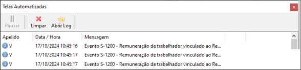 Telas automatizadas exibindo uma lista de eventos S-1200 gerados com data e hora de processamento.