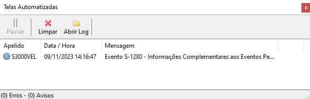 Telas automatizadas exibindo uma lista de eventos S-1280 gerados com data e hora de processamento.