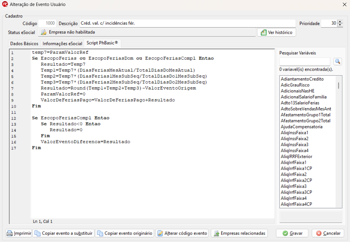 Tela de alteração de evento do usuário, aba Script PhBasic. Possui um único campo para colar o script disponibilizado e, ao final, os botões Gravar e Cancelar aparecem no canto inferior direito.