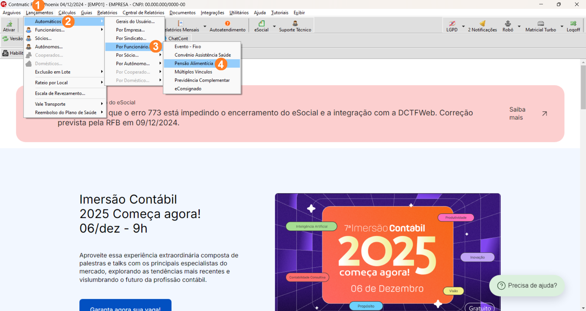Tela inicial sistema Folha, possui menu superior alinhado à esquerda sendo Lançamentos o segundo item.