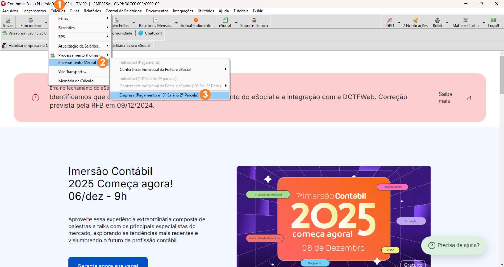 Tela inicial sistema Folha, possui menu superior alinhado à esquerda sendo Cálculos o terceiro item.
