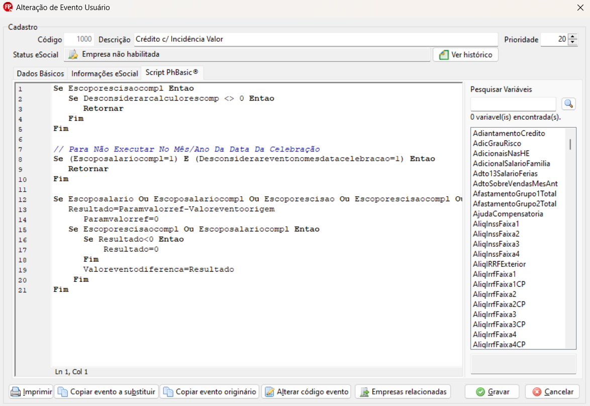 Tela de alteração de evento do usuário, aba Script PhBasic. Possui um único campo para colar o script disponibilizado e, ao final, os botões Gravar e Cancelar aparecem no canto inferior direito.