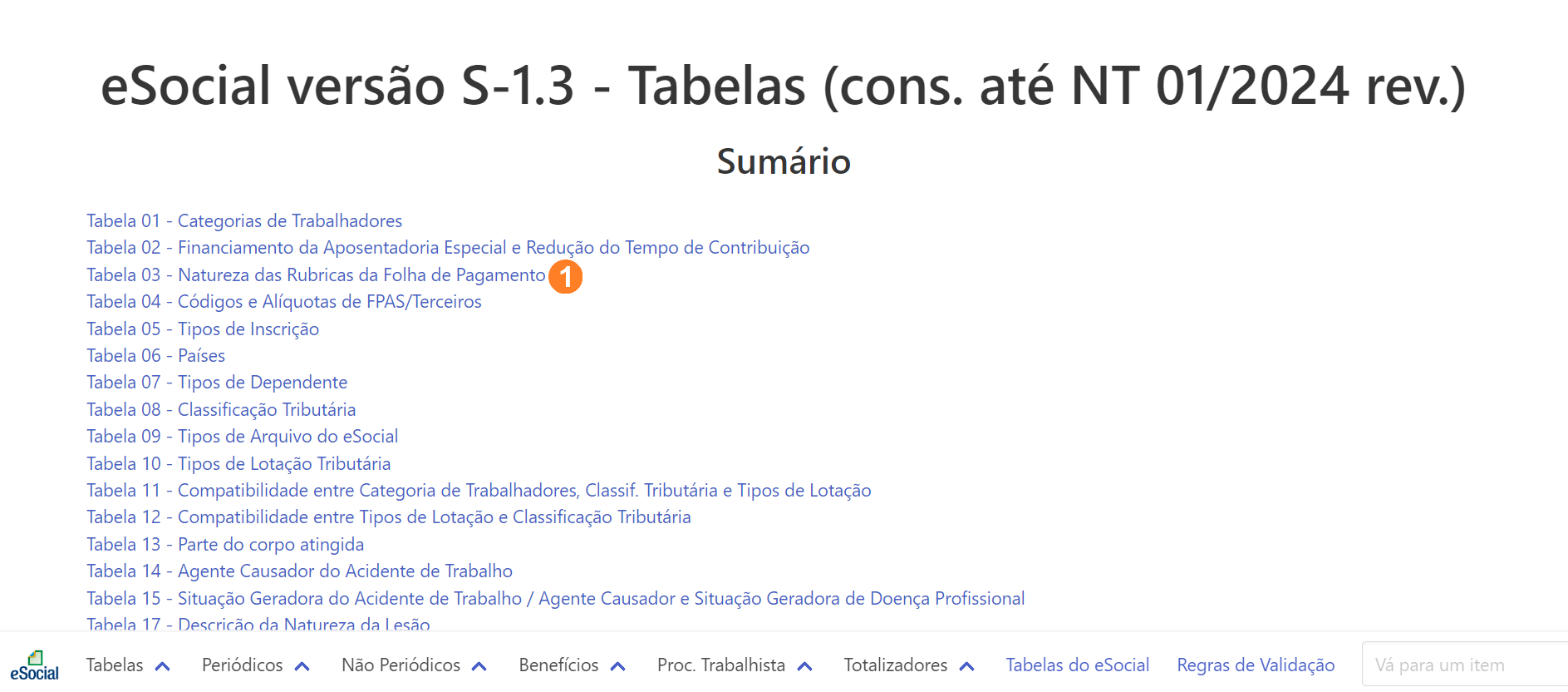 Exibe um sumário com as tabelas do eSocial. A Tabela 03 é a terceira opção de cima para baixo.