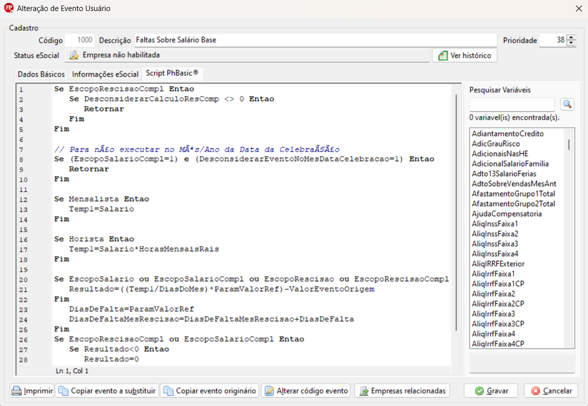 Tela de alteração de evento do usuário, aba Script PhBasic. Possui um único campo para colar o script disponibilizado e, ao final, os botões Gravar e Cancelar aparecem no canto inferior direito.