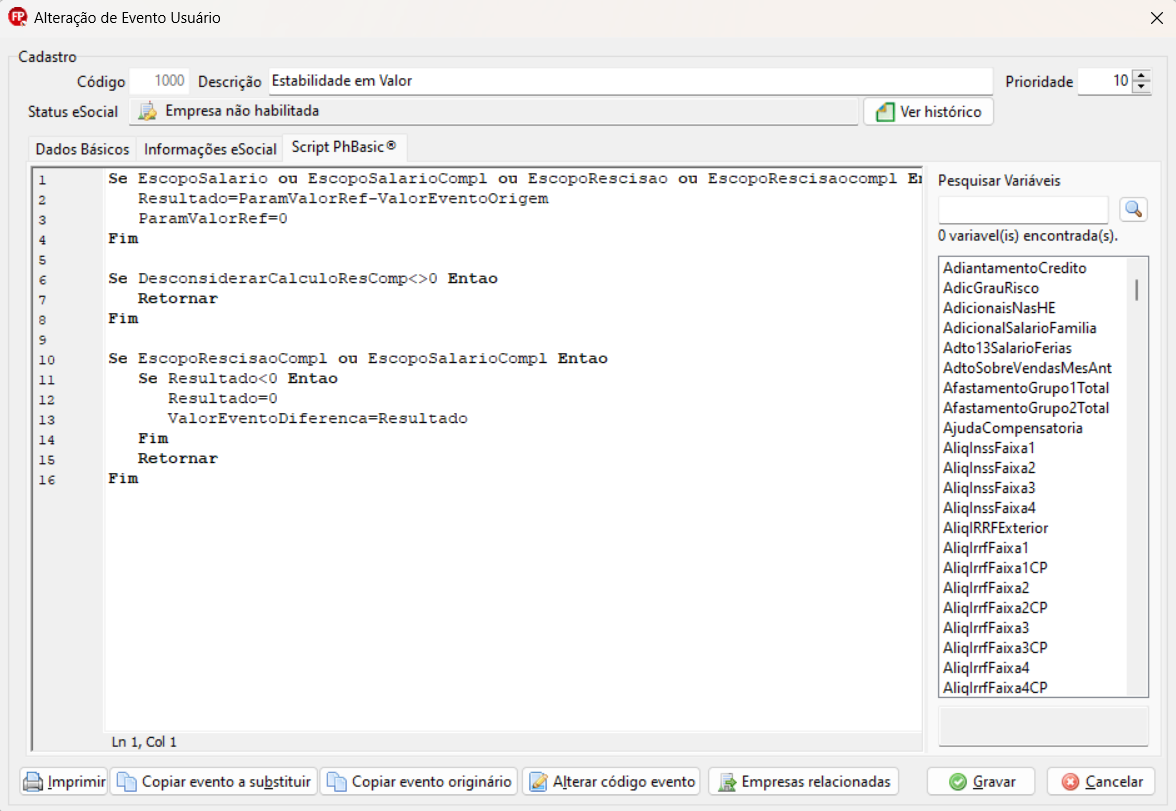 Tela de alteração de evento do usuário, aba Script PhBasic. Possui um único campo para colar o script disponibilizado e, ao final, os botões Gravar e Cancelar aparecem no canto inferior direito.