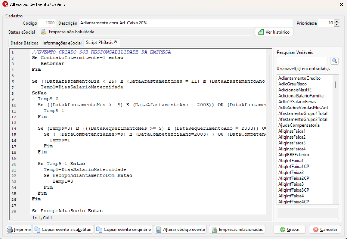 Tela de alteração de evento do usuário, aba Script PhBasic. Possui um único campo para colar o script disponibilizado e, ao final, os botões Gravar e Cancelar aparecem no canto inferior direito.