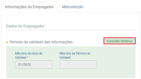 Página informações do empregador no eSocial mostrando início de validade em 01/2023 e o botão "Consultar histórico" destacado.