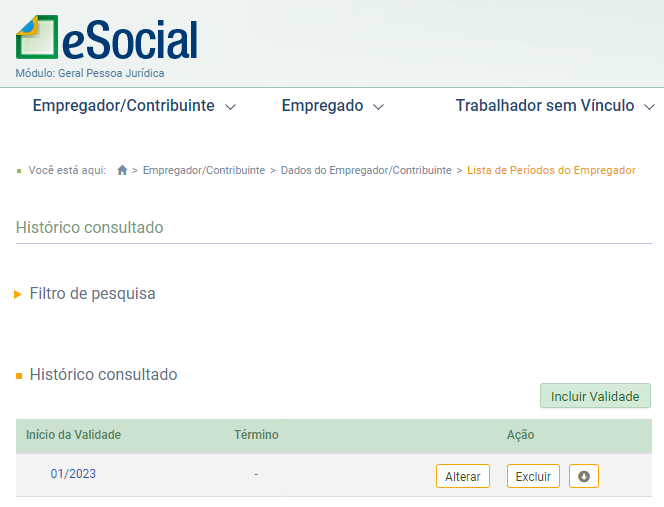 Tela "Lista de períodos do empregador" no portal eSocial mostrando o histórico consultado com início da validade em 01/2023.