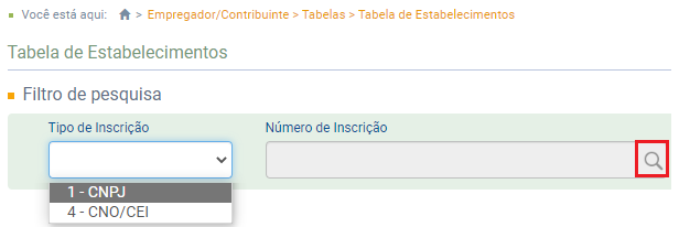 Filtro de pesquisa na tabela de estabelecimentos do eSocial, exibindo opções de tipo de inscrição como CNPJ e CNO/CEI.