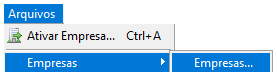 Menu superior do sistema Folha com o caminho Arquivos, Empresas e a opção "Empresas..." selecionada.