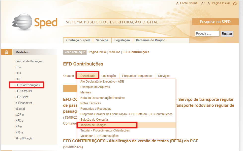 Tela do SPED da EFD Contribuições destacando o menu downloads.