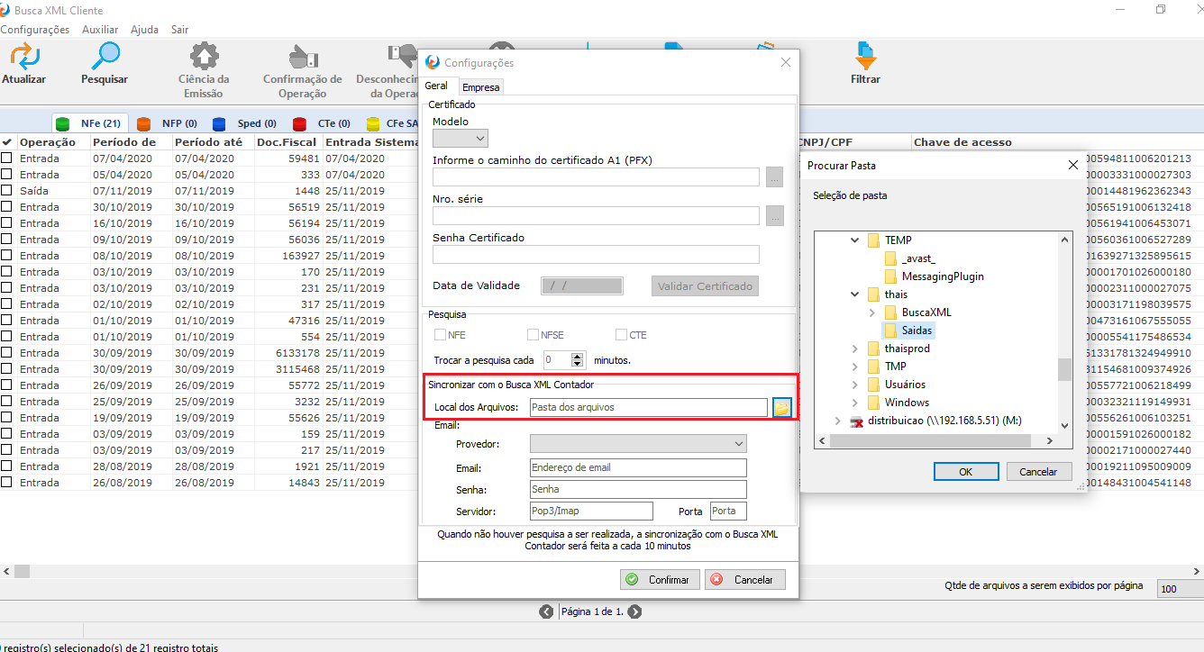 Tela de configuração de certificados no Busca XML.