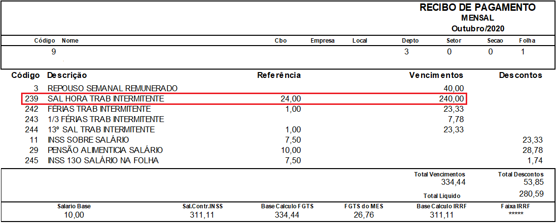Recibo de pagamento destacando o evento de salário para trabalho intermitente, com 24 horas de referência e valor de 240.