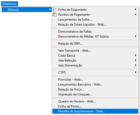 Tela inicial sistema Folha, possui menu superior alinhado à esquerda sendo Relatórios o quinto item.