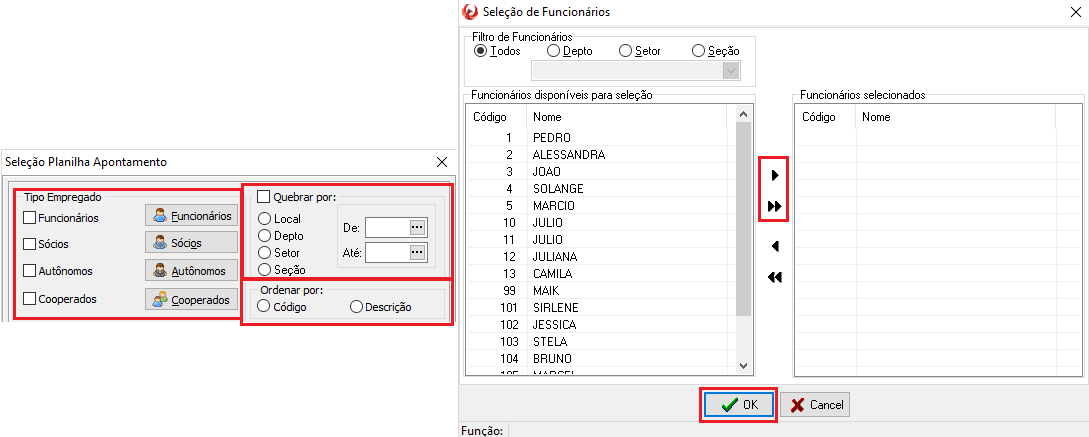 Tela de seleção de planilha de apontamentos. É possivel filtrar o tipo de empregado, sendo eles: Funcionários, Sócios, Autônomos ou Cooperados.