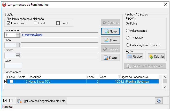 Tela de lançamento de funcionários, possui os botões Novo, Altera e Excluir. É possível filtrar o funcionário, o local e o evento.