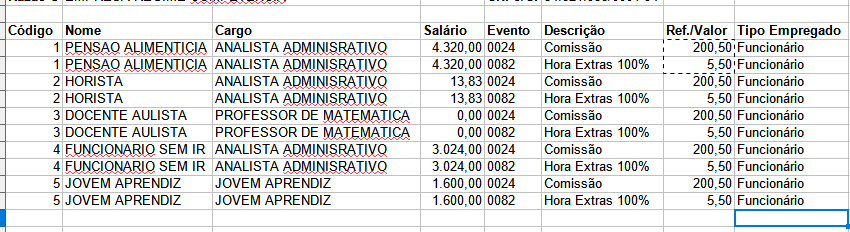 Estrutura de colunas e linhas da planilha de apontamentos emitida.