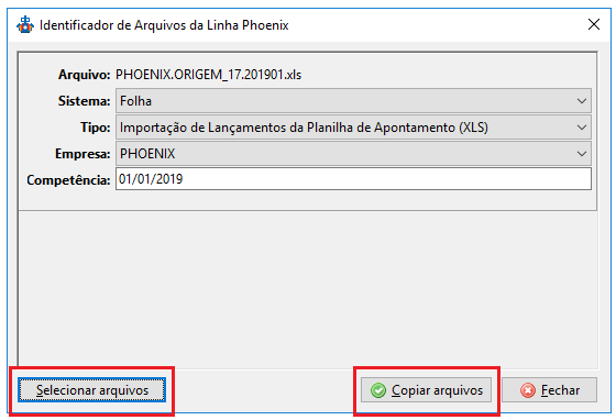 Tela de identificação de arquivos da Linha Phoenix, exibe campos preenchidos automaticamente com o diretório, tipo, empresa e competência do arquivo importado.