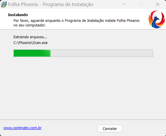 Progresso de atualização do sistema Folha. Na parte inferior há um botão escrito Cancelar.