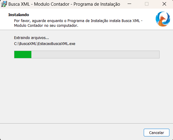 Progresso de atualização do sistema Busca XML. Na parte inferior há um botão escrito Cancelar.