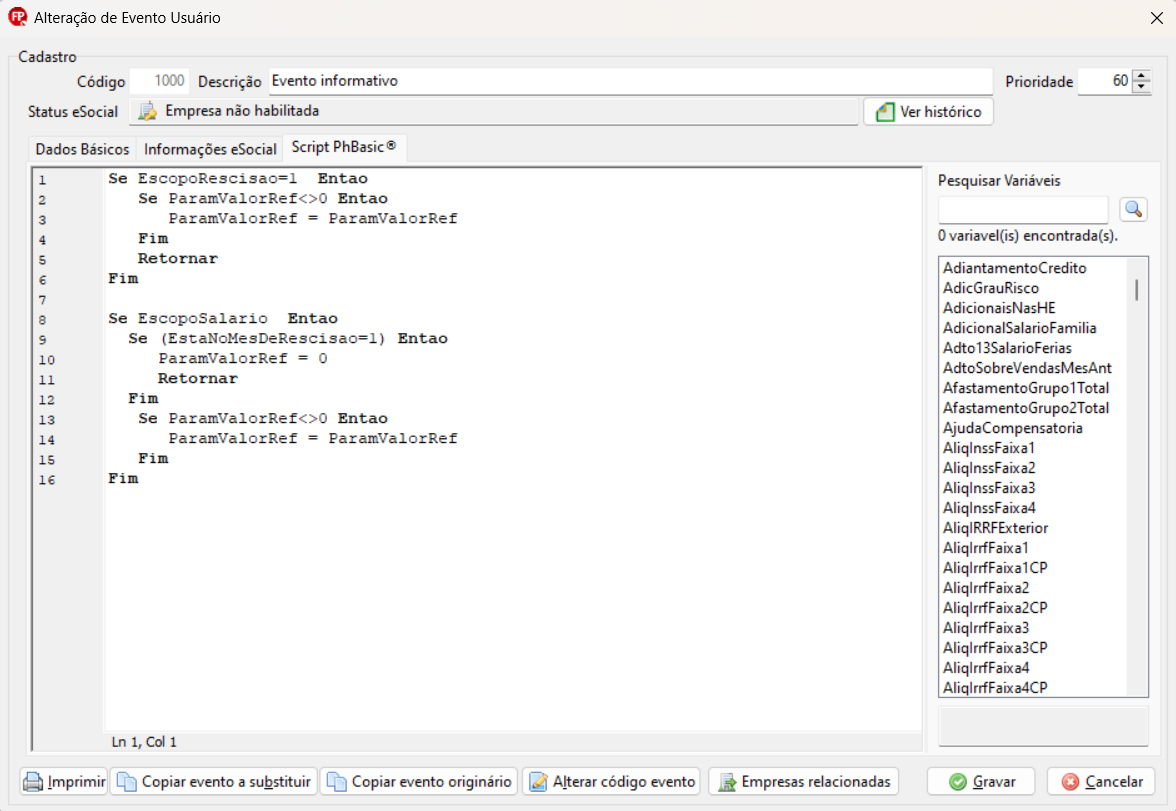 Tela de alteração de evento do usuário, aba Script PhBasic. Possui um único campo para colar o script disponibilizado e, ao final, os botões Gravar e Cancelar aparecem no canto inferior direito.