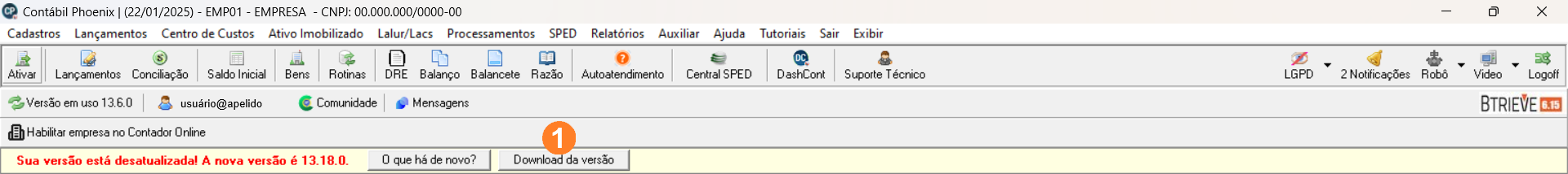 Tela inicial do sistema Contábil, possui um menu superior e uma mensagem na parte inferior indicando que o sistema está desatualizado.