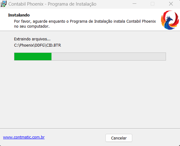 Progresso de atualização do sistema Contábil. Na parte inferior há um botão escrito Cancelar.