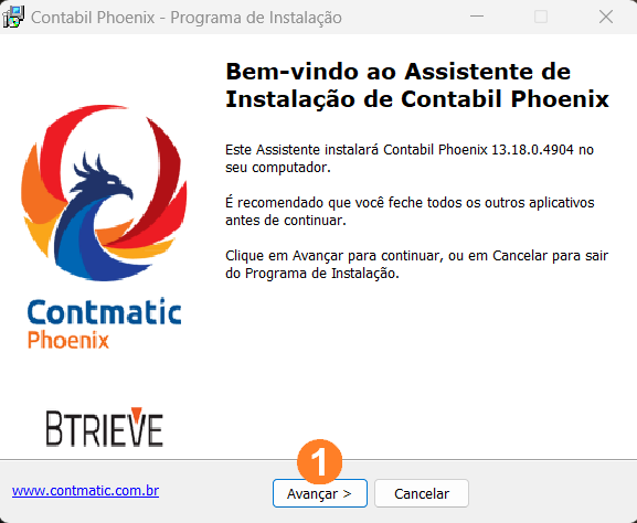 Assistente de instalação do sistema Contábil com dois botões inferiores, um escrito Avançar e o outro Cancelar.