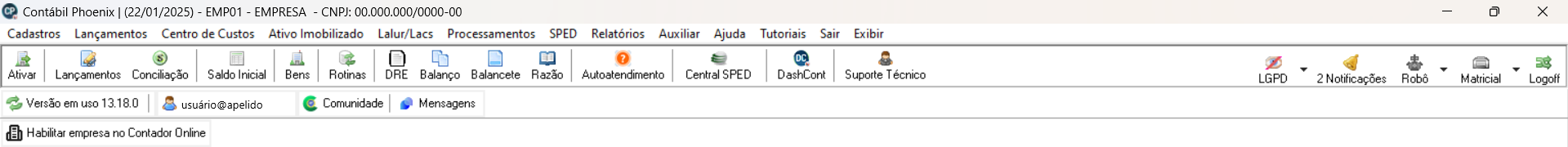 Tela inicial do sistema Contábil, possui um menu de ações na parte superior.
