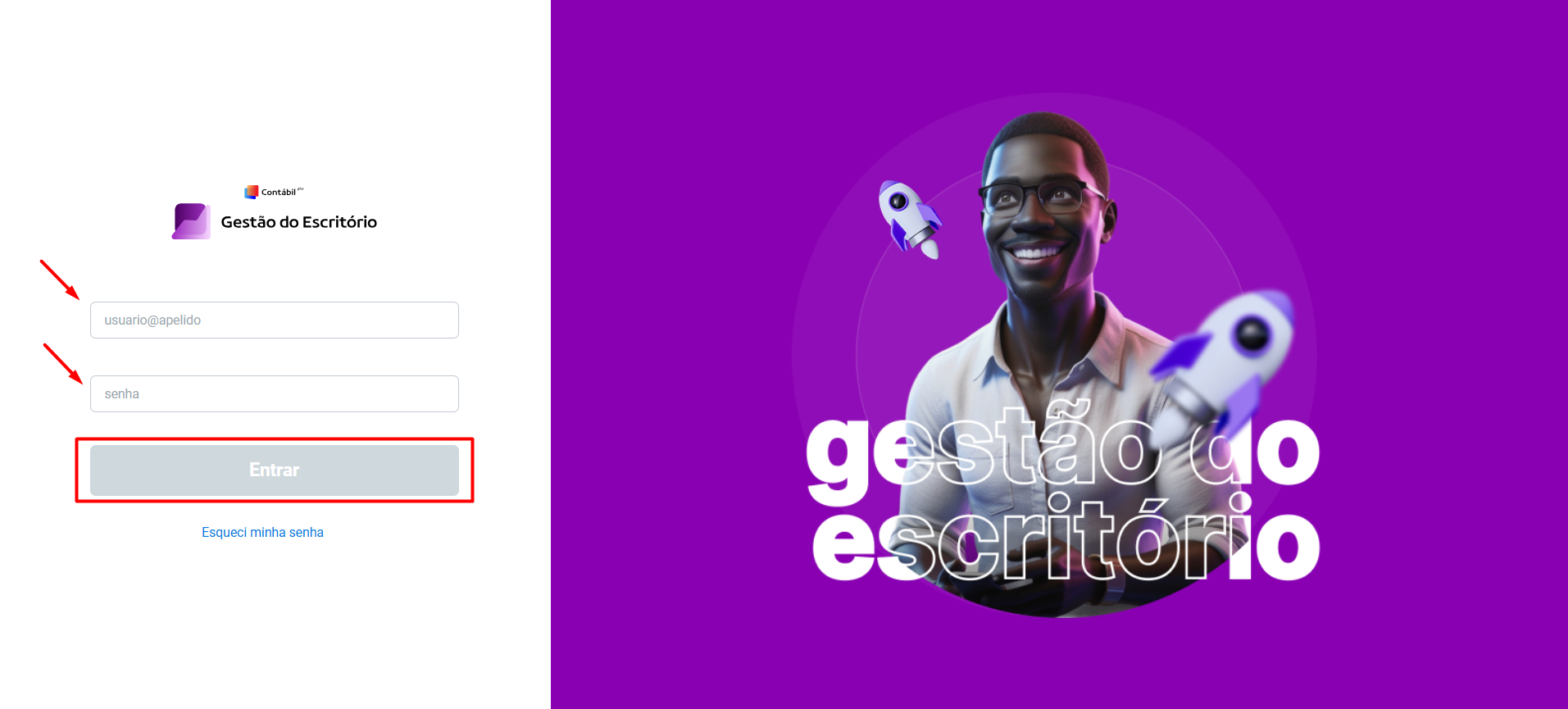 Exibe a tela do Gestão do Escritório com campos para digitar o usuário e a senha. Ao final, exibe o botão Entrar.