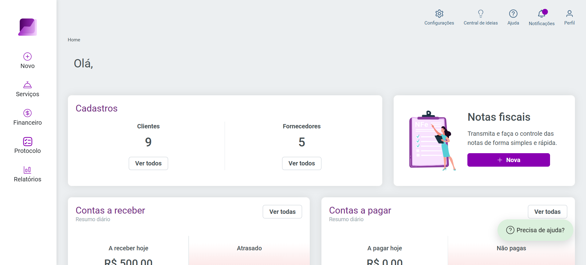 Tela inicial do sistema Gestão do Escritório, possui um menu de ações na lateral esquerda e outro menu de ações no canto superior direito.