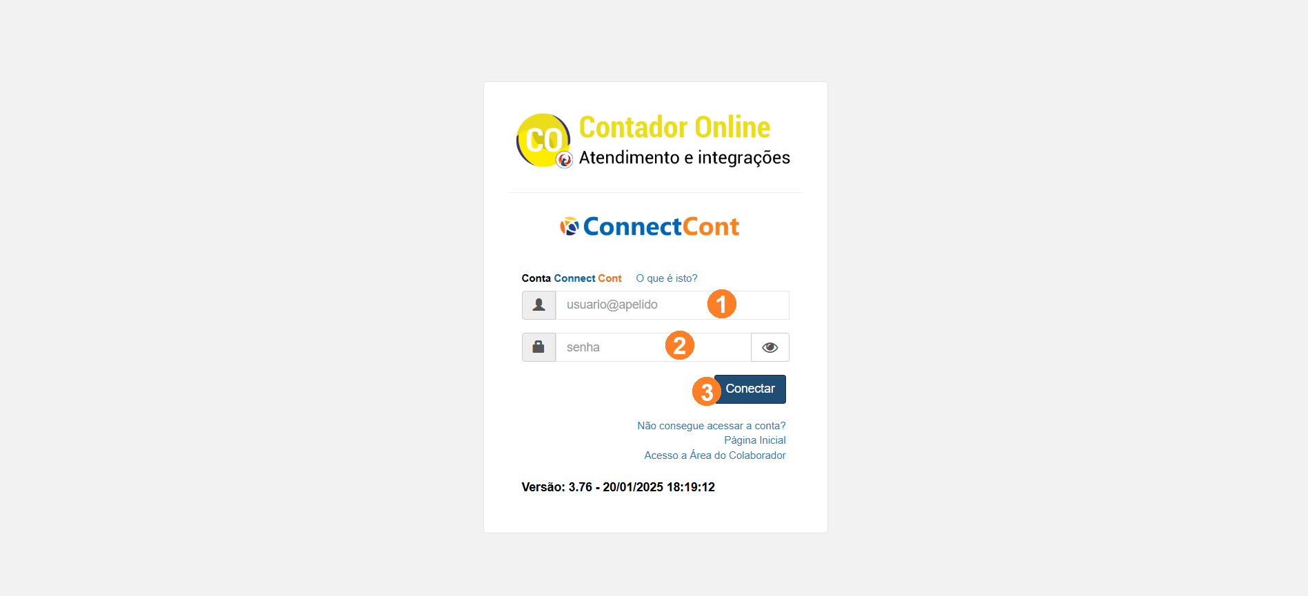 Exibe a tela do Contador Online com campos para digitar o usuário e a senha. Ao final, exibe o botão Conectar.