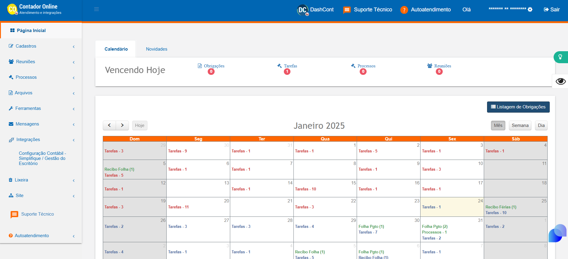 Tela inicial do sistema Contador Online, possui um menu de ações na lateral esquerda e outro menu de ações no canto superior direito.