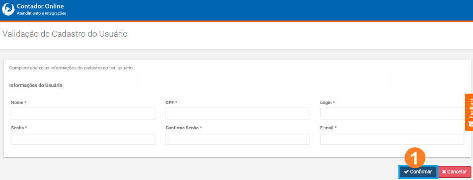 Tela de validação do cadastro do usuário. Possui os campos Nome, CPF, Login, Senha, Confirma Senha e E-mail.