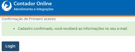 Mensagem de confirmação exibida após o cliente finalizar o cadastro no Contador Online.