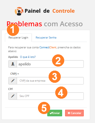 Exibe a recuperação de login no Painel de controle. Possui campos para digitar o Apelido, CNPJ e CPF. Ao final, exibe o botão Enviar.