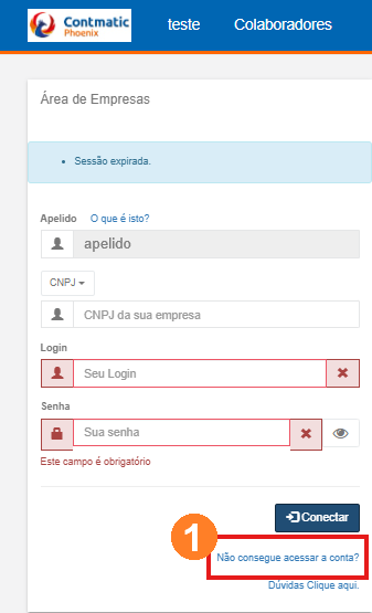 Exibe a área de cliente do Contador Online com campos para digitar o usuário e a senha. Ao final, exibe o botão Conectar e, abaixo desse botão, há a opção Não consegue acessar a conta?.