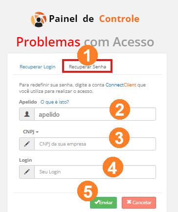 Exibe a recuperação de senha no Painel de controle. Possui campos para digitar o Apelido, CNPJ e CPF. Ao final, exibe o botão Enviar.