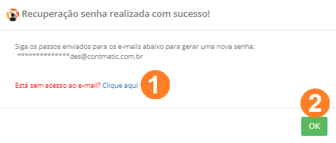 Mensagem de Recuperação de senha realizada com sucesso. No corpo desse push há a opção Clique aqui. Ao final do push, exibe o botão OK.