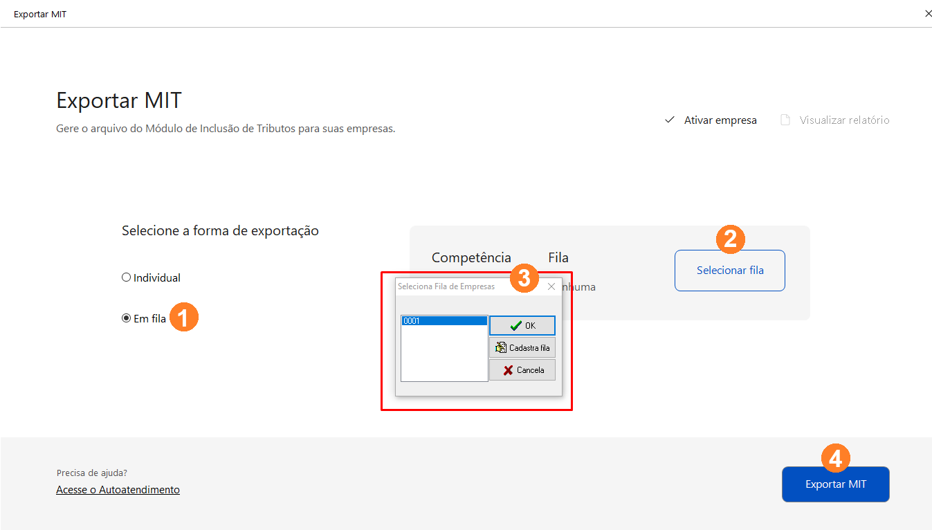 Tela de exportação MIT, possui as opções Individual e Em fila para seleção. Abaixo há o botão Exportar MIT.