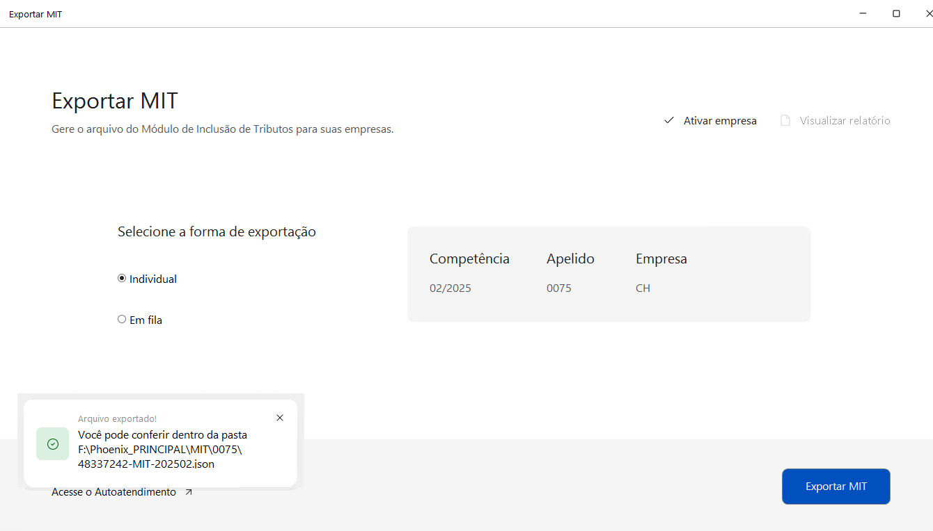Tela de exportação MIT, possui as opções Individual e Em fila para seleção. Abaixo há o botão Exportar MIT.