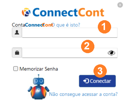 Exibe a tela do Connectcont com campos para digitar o usuário e a senha. Ao final, exibe o botão Conectar.